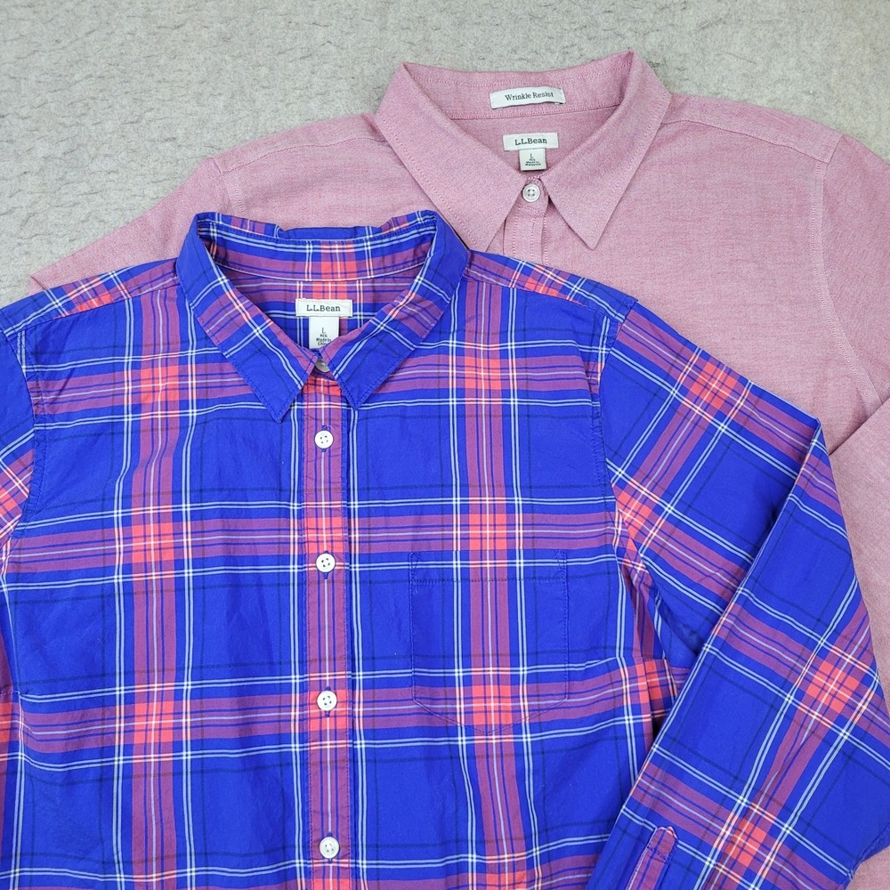 Lot of 2 LL Bean Shirts Womens L Blue Plaid Long Sleeve Button Up Wrinkle Free‎